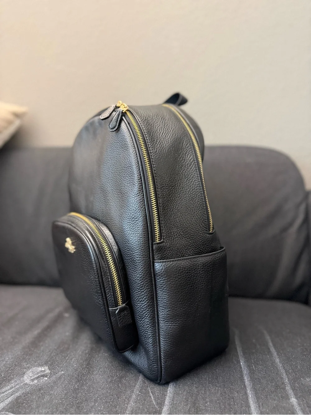 Coach Black Pebbled Leather Zip-Front Backpack with Gold Hardware